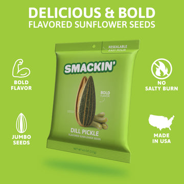 SMACKIN Jumbo Roasted Sunflower Seeds, Dill Pickle Flavor, 4oz Bag (12 Bags) - American Made, Easy Pour & Seal