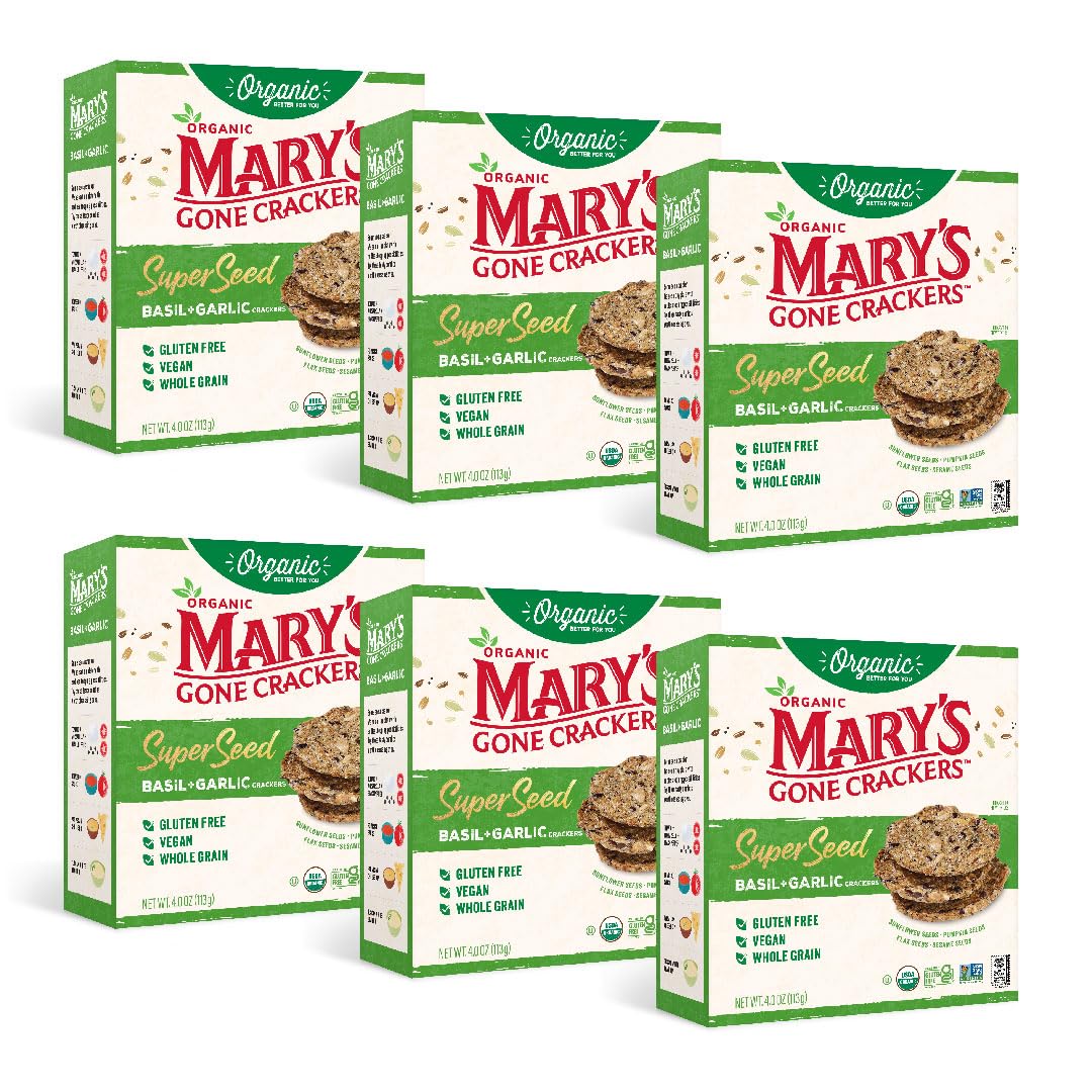 Marys Gone Crackers Super Seed Crackers, Basil & Garlic, 4 Ounce (Pack of 6), Organic Plant Based Protein, Gluten Free