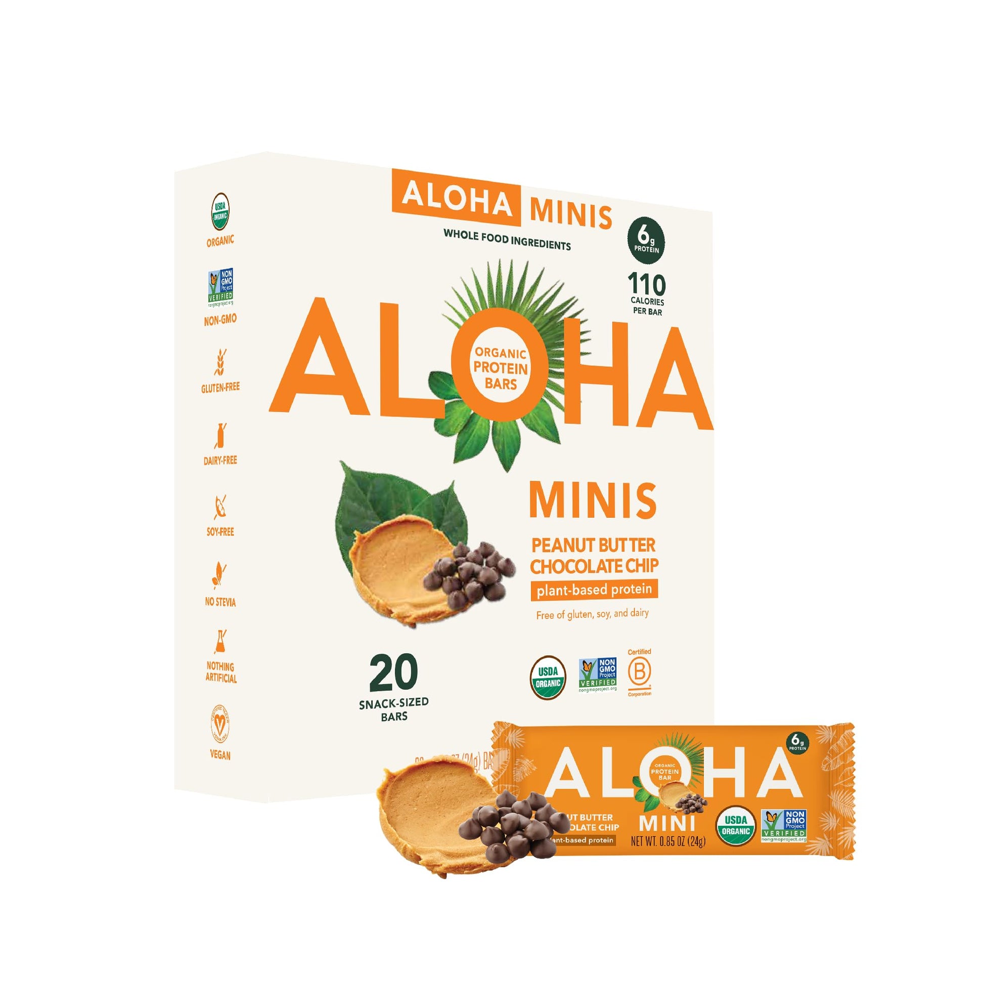 Aloha Organic Plant Based Protein Bar Minis |Peanut Butter Chocolate Chip | 20 Count, 24G Bars | Vegan, Low Sugar, Gluten Free, 