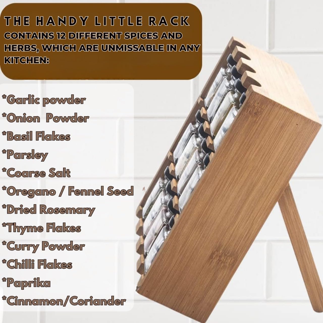 Tilz Gear Wooden 3-Tier Spice Rack, 12 Filled Glass Jars, 12 Organic Spices Included, Brown