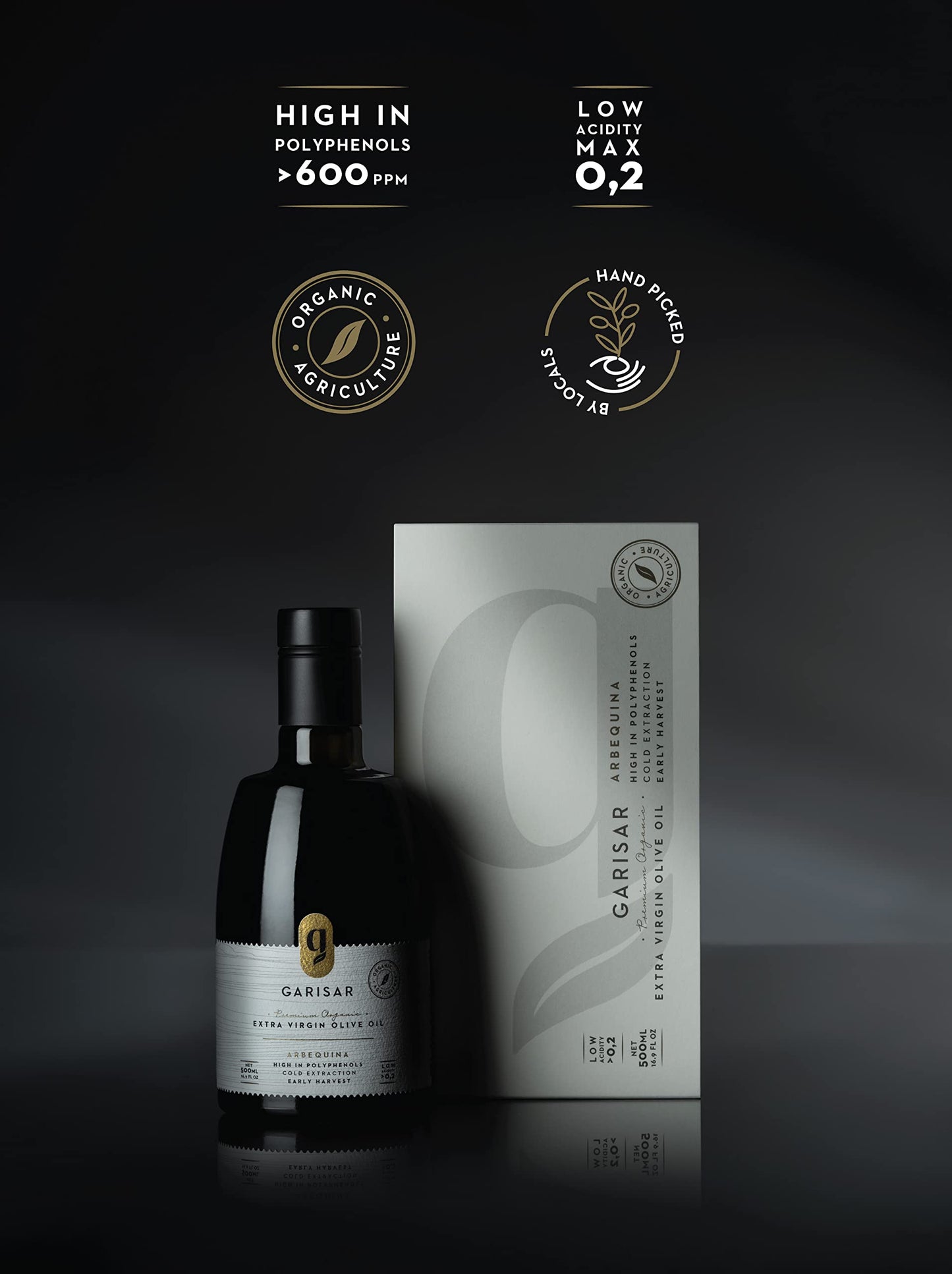 Garisar High In Polyphenol Premium Extra Virgin Olive Oil (>600 Ppm), Low Acidity (Max 0.2%), Nyiooc 2024 Gold Medal Winner, Org