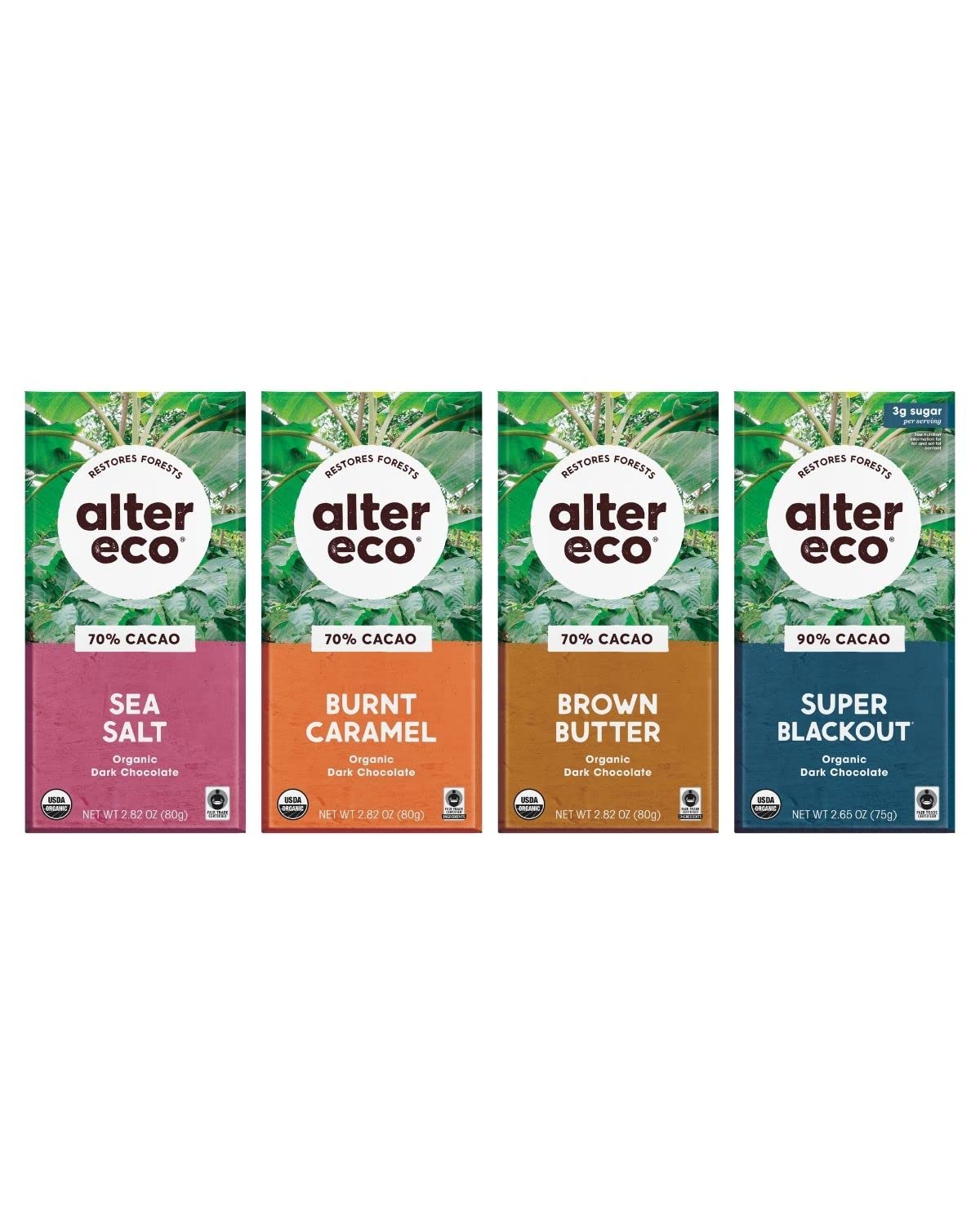 Alter Eco | Dark Chocolate Variety 4-Pack | Super Blackout, Sea Salt, Brown Butter And Burnt Caramel | Fair Trade, Organic, Non-Gmo, Gluten Free | 4 Flavors, 1 Of Each Bar