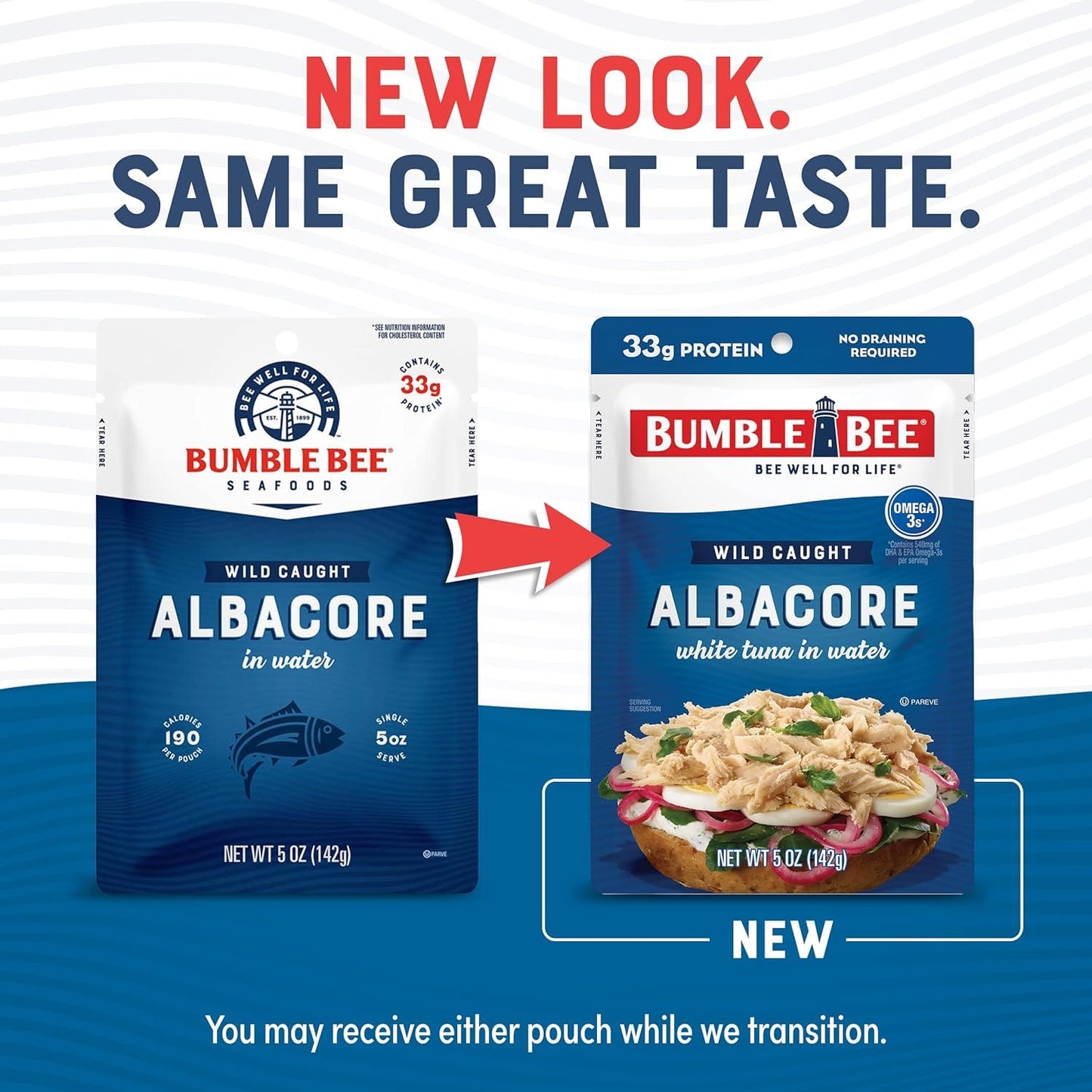 Bumble Bee Chunk White Albacore Tuna In Water, 5 Oz Pouch - Ready To Eat Wild Caught Tuna Packet - 33G Protein Per Pouch, High In Omega-3S - Non-Gmo, Gluten Free, Kosher