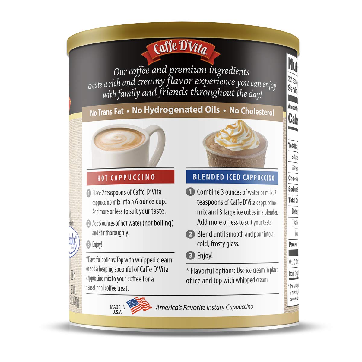 Caffe DVita Sugar Free French Vanilla Cappuccino Mix - Instant Gluten Free Coffee - 8.5 Oz Can, 6-Pack