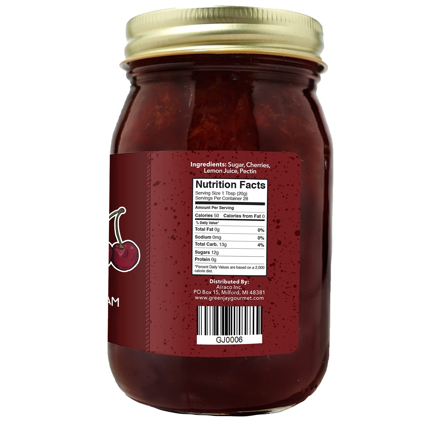 Green Jay Gourmet Cherry Jam - All-Natural Fruit Jam With Cherries & Lemon Juice - Vegan, Gluten-Free Jam - Contains No Preserva