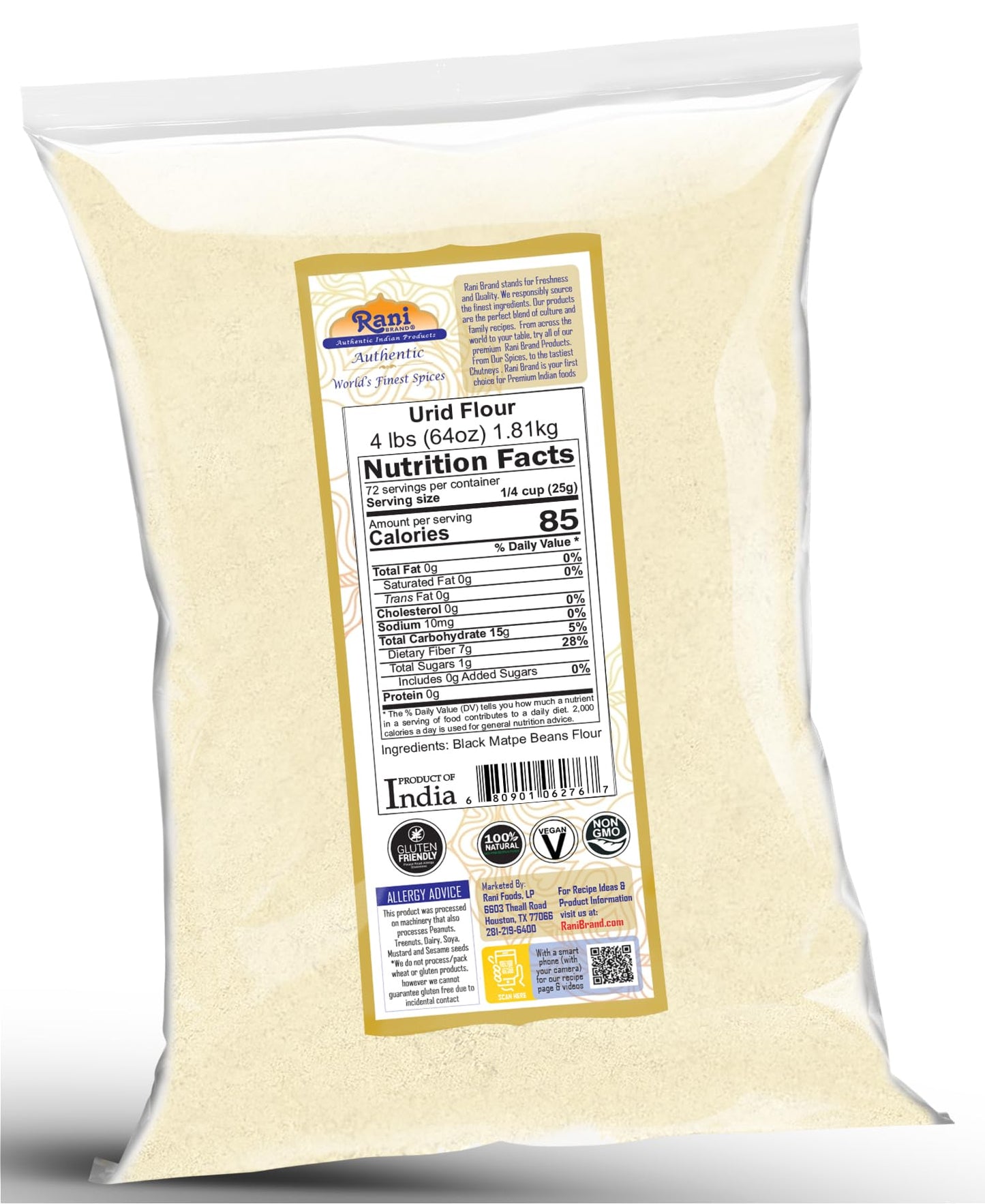 Rani Urid/Urad Flour (Black Matpe Beans Flour) 64Oz (4Lbs) 1.81Kg Bulk ~ All Natural | Vegan | Gluten Friendly | Non-Gmo | Koshe