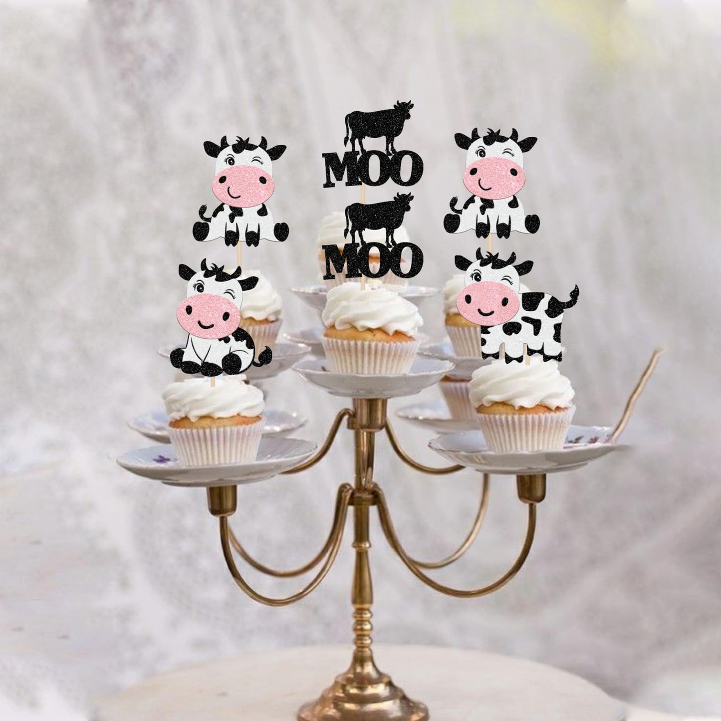 24 Pcs Cow Cupcake Toppers Glitter Farm Animals Moo Cupcake Picks Cow Cupcake Decorations For Cow Theme Baby Shower Kids Birthda
