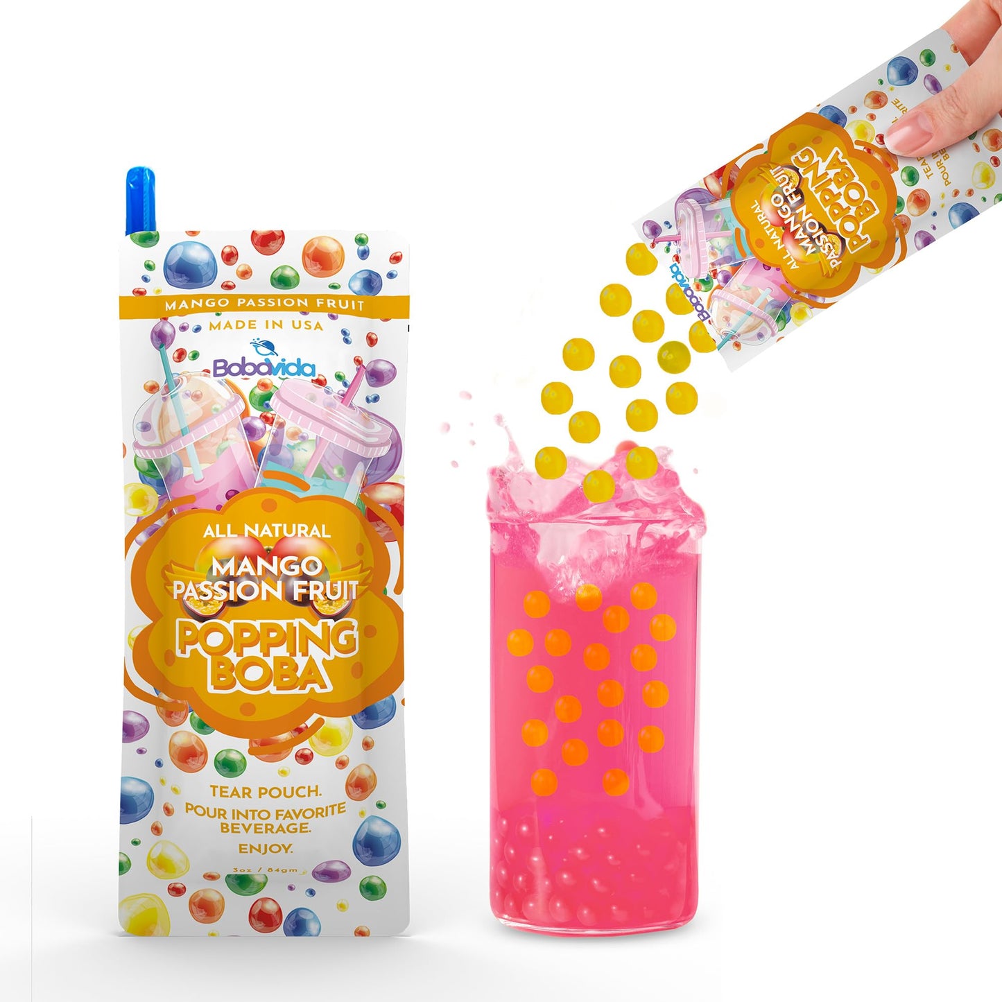 BOBAVIDA Mango Passionfruit Popping Boba - 10 Boba Packets with Straws for Drinks, Desserts & Food Toppings - Non-GMO Popping Bo