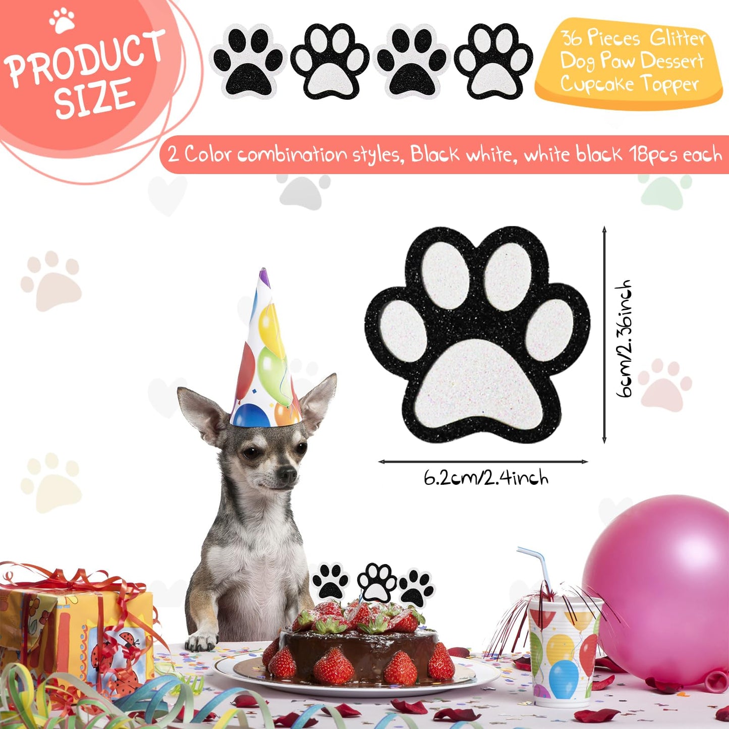 Weecent 36 Pcs Paw Cupcake Toppers Glitter Dog Paw Cake Decorations Black White Glitter Puppy Cupcake Toppers For Baby Shower Bo