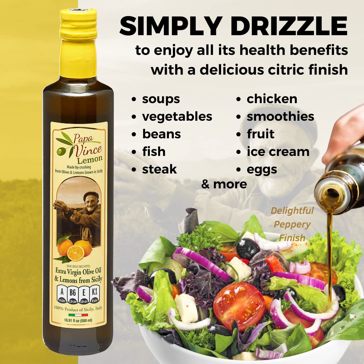 Papa Vince Extra Virgin Olive Oil, Lemon Agspirit-inspired flavorato, First Cold Pressed, Unfiltered, 16.91 Fl Oz, Glass Bottle, Sicily, Italy