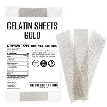 Gold Gelatin Sheets For Baking - 20 Count (50 Grams) - Unflavored Clear Leaf Rectangle For Desserts - 200 Bloom Strength - Product Of Germany - Easy To Use - By Fit Lane Nutrition