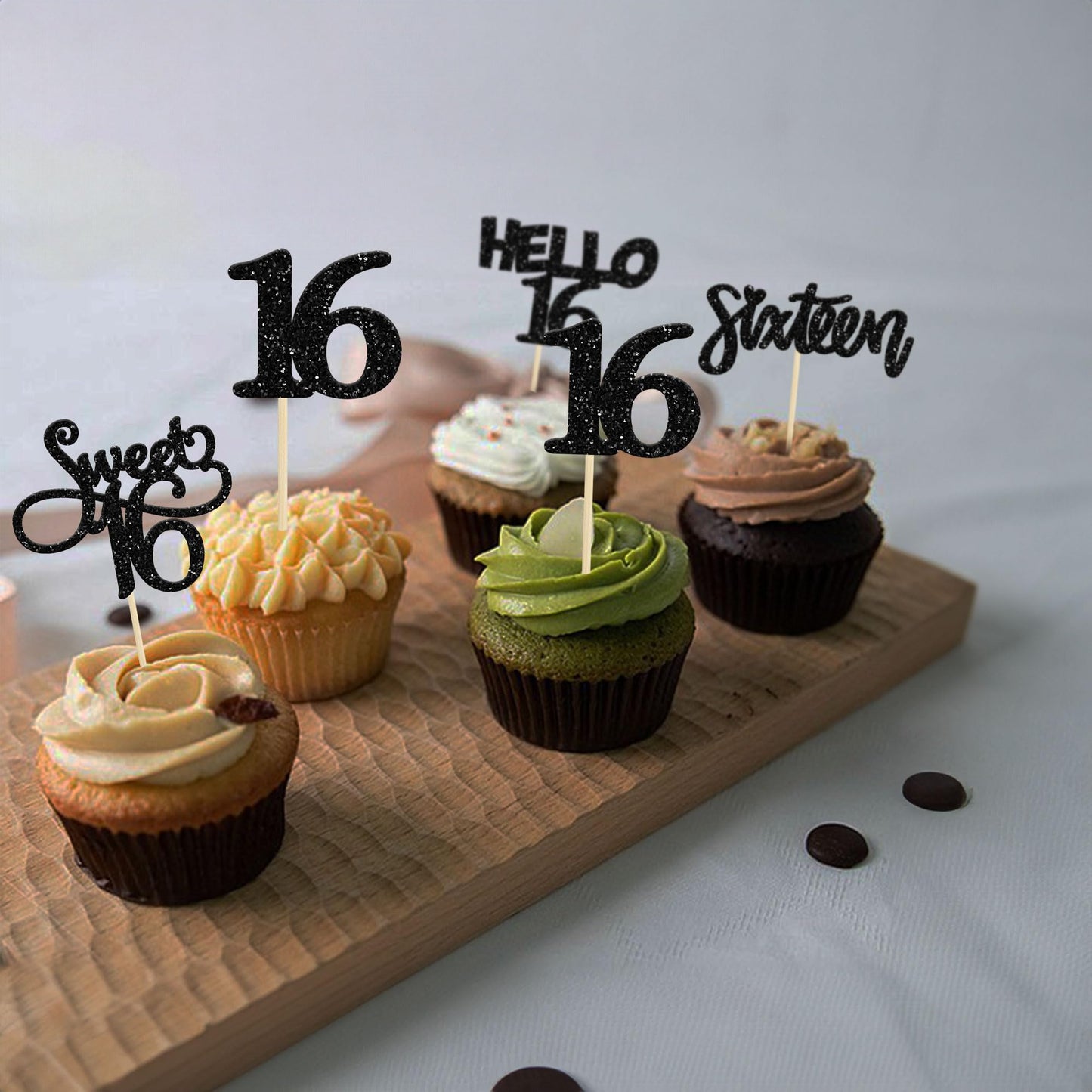 Gyufise 24Pcs Black Glitter 16Th Birthday Cupcake Toppers Sweet 16 Cake Toppers Hello 16 Sixteen Cupcake Picks For 16Th Birthday