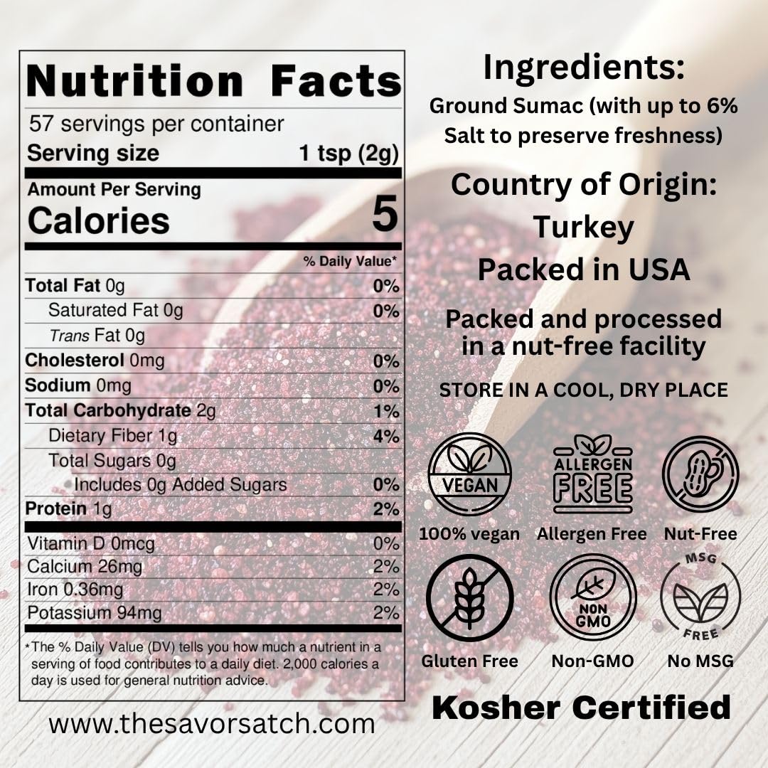 SavorSatch Ground Sumac - 4oz Resealable Pouch | Certified Kosher  GMO Free  Allergen-Free | Tangy  Deep Red Spice for Middle Eastern Cooking  Salads  and Meats | Product of Turkey