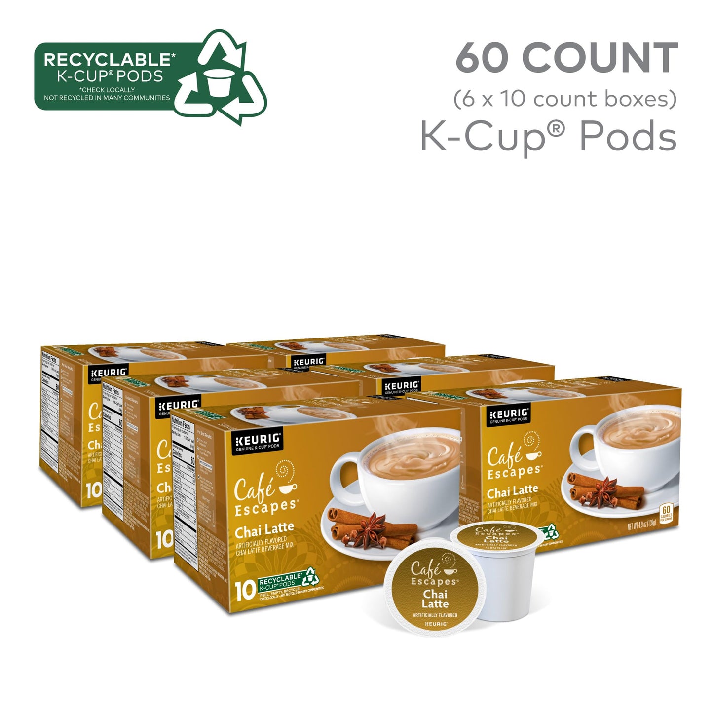 Café Escapes Chai Latte K-Cup Pods, 60 Count, Single-Serve, 60ct Chai Latte