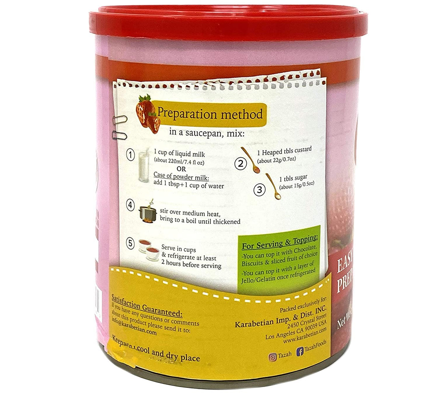 TAZAH Strawberry Custard Powder Mix, No Added Sugar, 12.3 Oz (350g) Tin