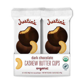 Justin'S Organic Dark Chocolate Cashew Butter Cups, Rainforest Alliance Certified Cocoa, Gluten-Free, Responsibly Sourcd, 1.4 Ou
