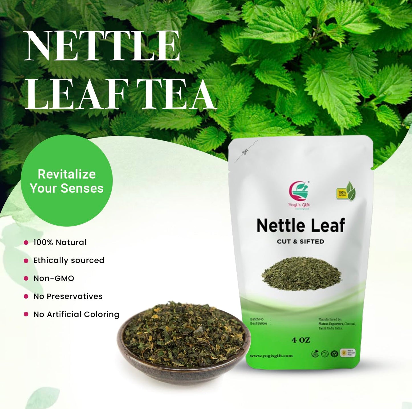 Nettle Leaves Dried 4 Oz | Nettle Leaf Tea | Cut And Sifted | Stinging Nettle Herb Bulk | Non- Gmo, Ethically Sourced | By Yogi'