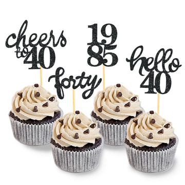 24 Pcs Glitter 40th Birthday Cupcake Toppers for Celebrating Forty Years Old Birthday Party Decorations (Glitter Black)