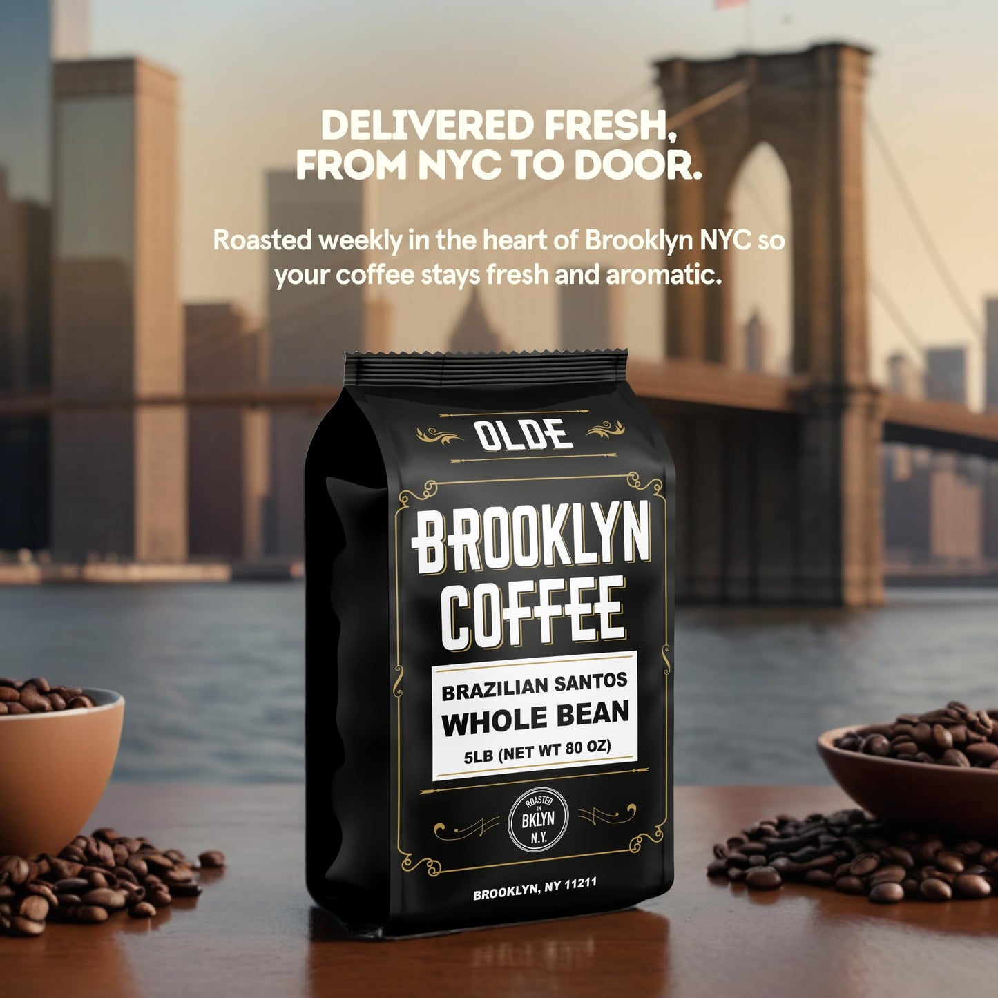 BROOKLYN COFFEE Whole Bean, Brazilian Santos Medium Roast (5lb) American, Breakfast, Classic - Fresh Bulk Coffee Beans Roasted W