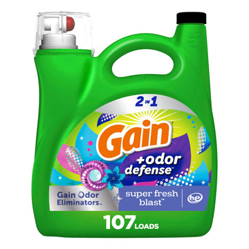 Gain + Odor Defense Liquid Laundry Detergent Super Fresh Blast Scent, He Compatible, 107 Loads 154 Fl Oz, Gain Laundry Detergent, Liquid Laundry Detergent