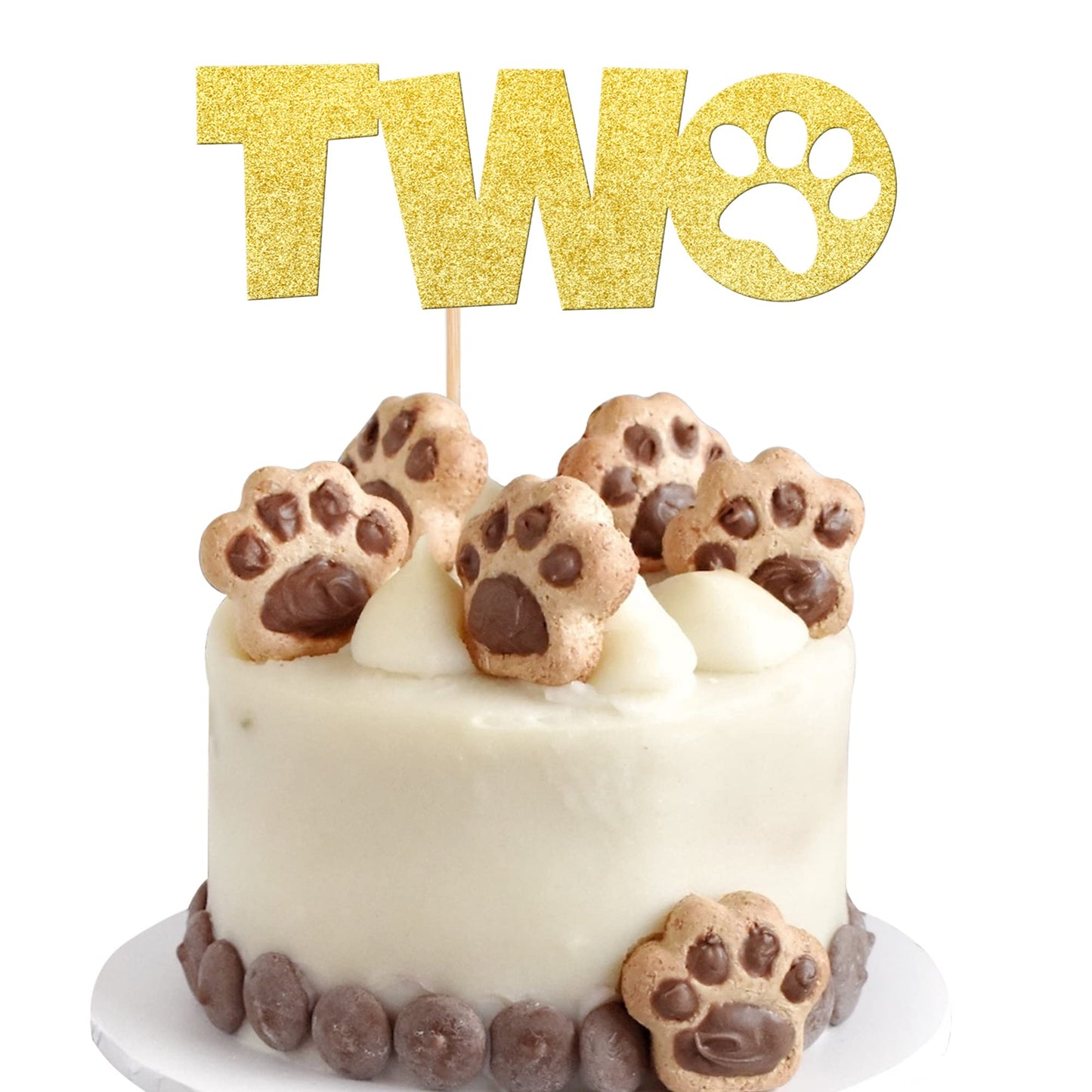1 PCS Two Cake Topper Gold Glitter Dog Paw 2 Years Old Birthday Cake Pick for Puppy Dog Let's Pawty Theme Kids Boys Girls 2nd Bi