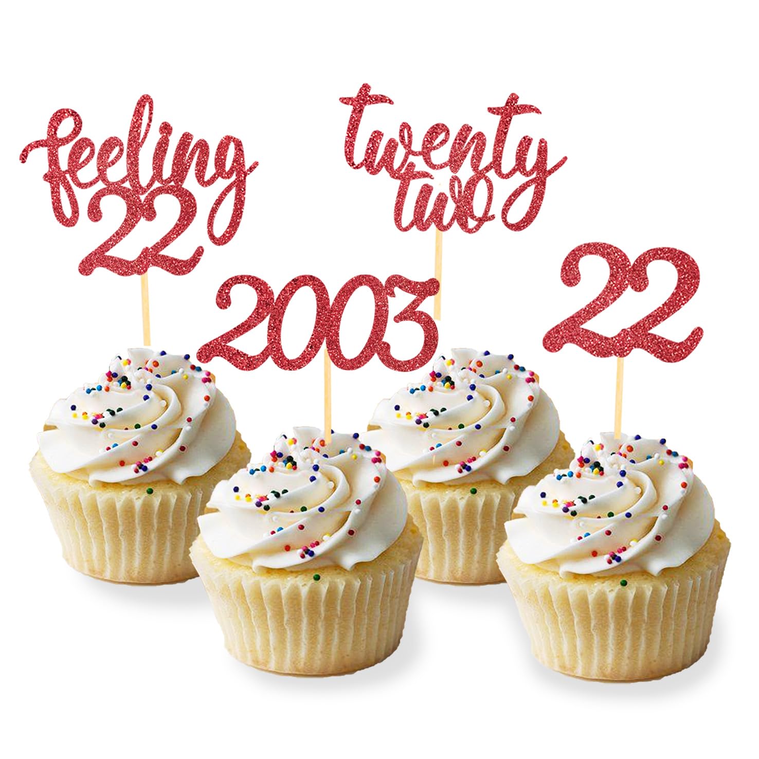 Moitkptt 24pcs Cupcake Toppers, Cardboard, 4.5x0.15 inches, Red, Twenty Two Birthday Cake Decorations
