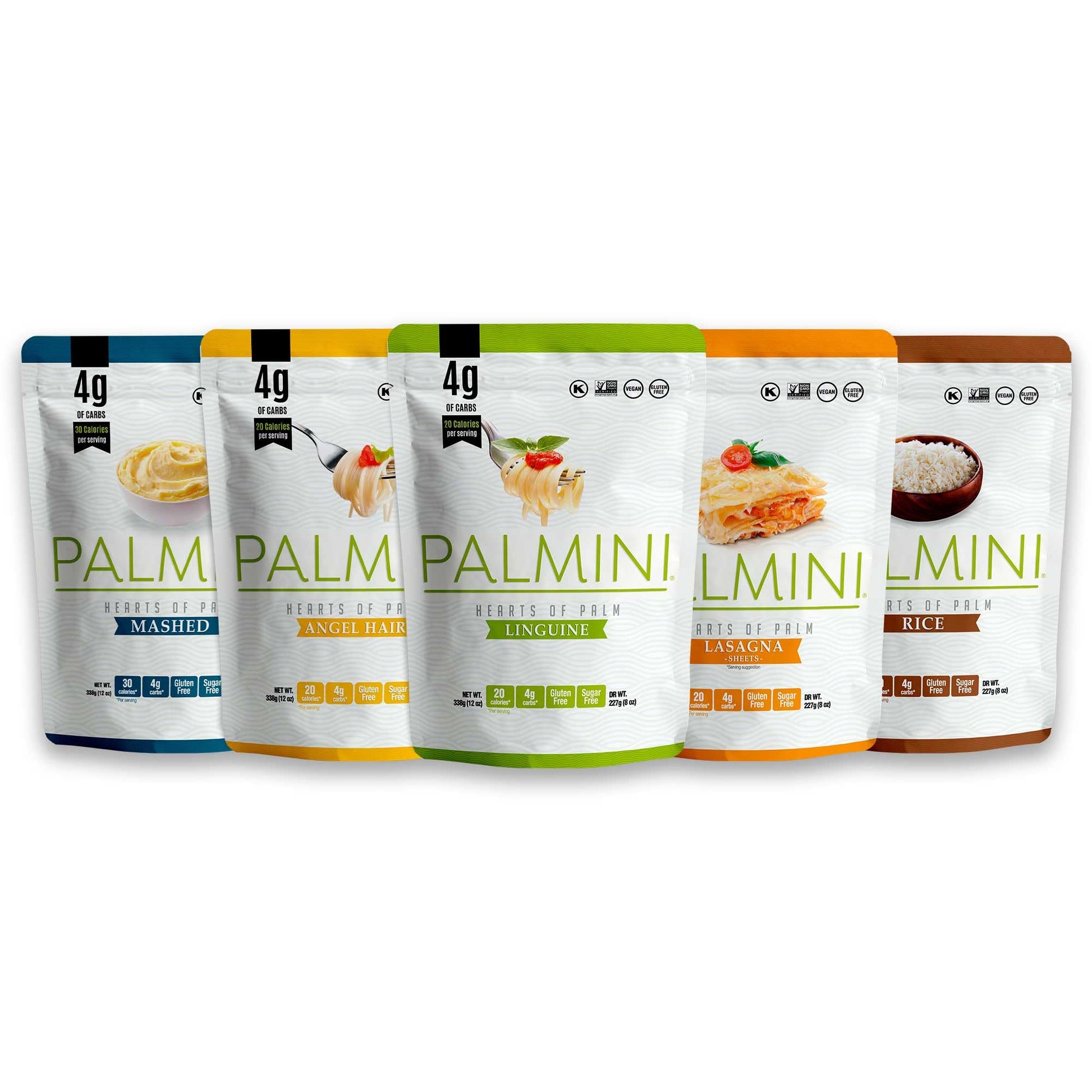 Palmini Pouch Variety Pack - Gluten Free Pasta (Linguine, Angel Hair, Lasagna, Rice, Mashed) - 12 Ounce (Pack of 5)