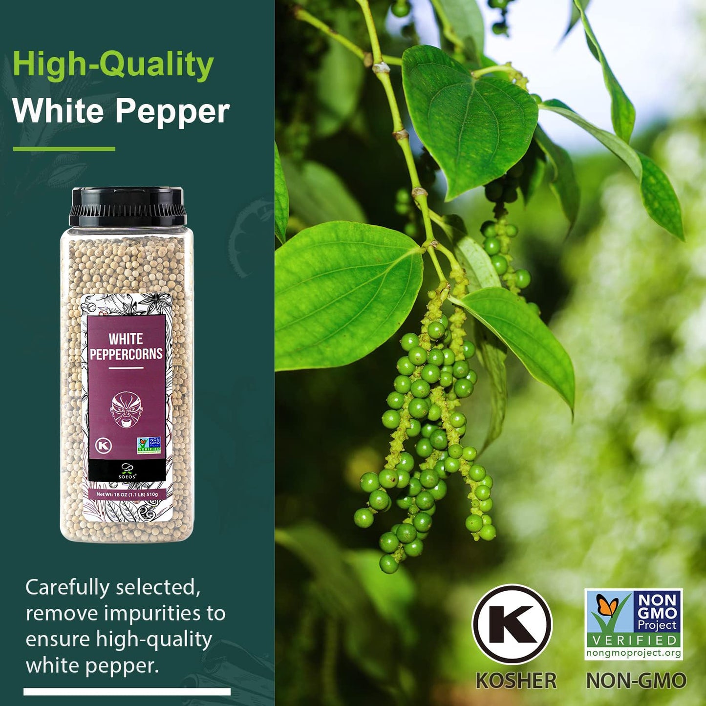 Soeos White Peppercorns, 18oz (Pack of 1), Non-GMO, Kosher, Packed to Keep Peppers Fresh, Peppercorn for Grinder Refill, Whole P