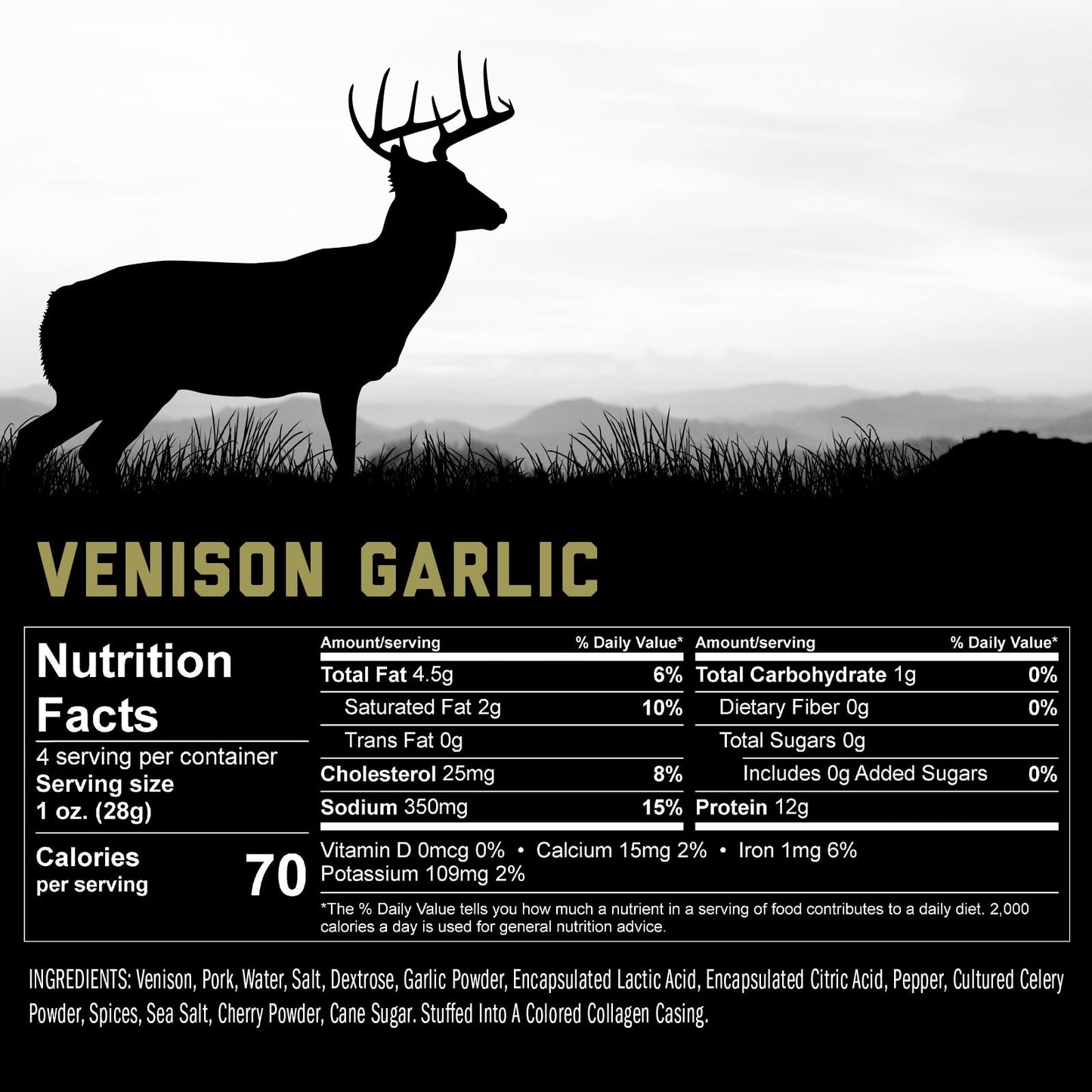 ICON Venison and Pork Snack Sticks, Garlic Flavor, 6 Packs, All Natural, High Protein, Low Calorie, Sugar Free, 4 Sticks Per Pack