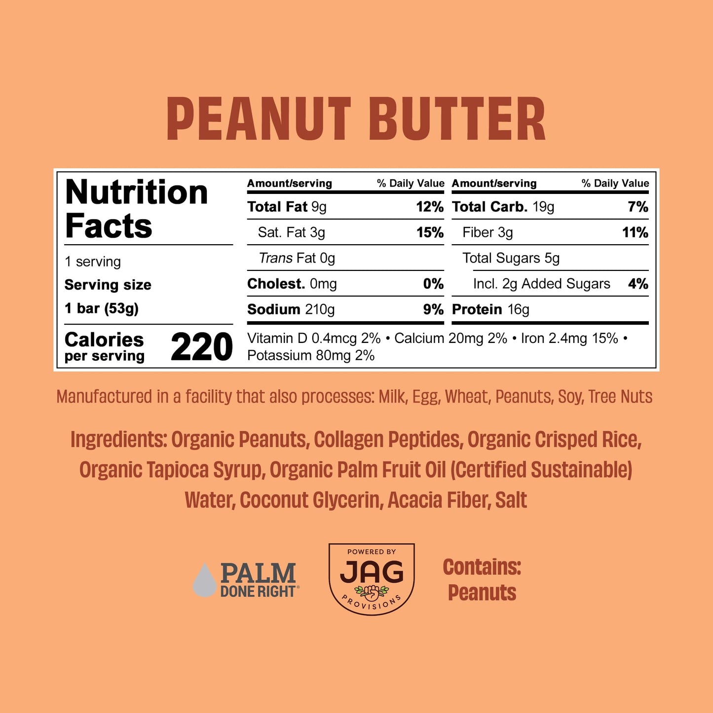 Justnosh ?P?Eanut Butter Collagen Protein Bars – 16G Protein, 10G Collagen | Gluten & Dairy Free, Low Fodmap, Seed Oil Free (12 Pack)