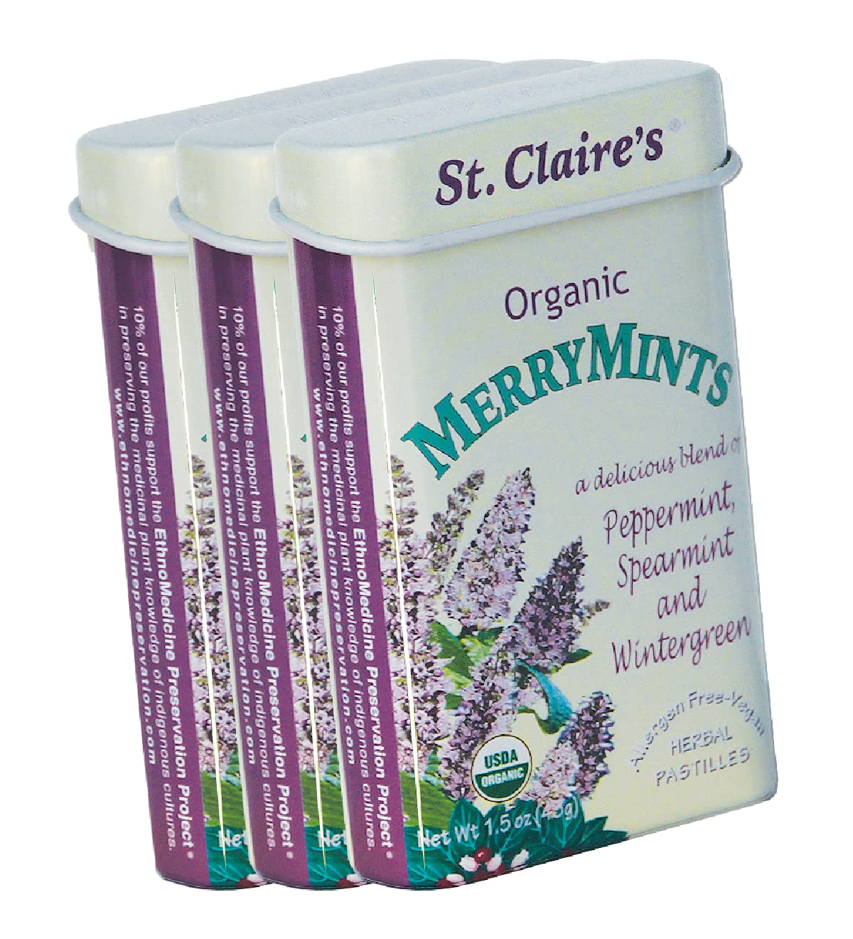St. Claire'S Organics Merrymints Organic Breath Mints, 1.5 Ounce Tin, Bundle Of 3, Gluten-Free, Vegan, Gmo-Free, Plant-Based, Al