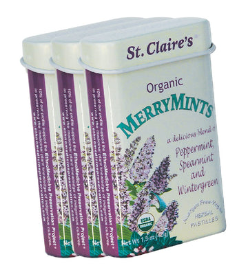 St. Claire'S Organics Merrymints Organic Breath Mints, 1.5 Ounce Tin, Bundle Of 3, Gluten-Free, Vegan, Gmo-Free, Plant-Based, Al