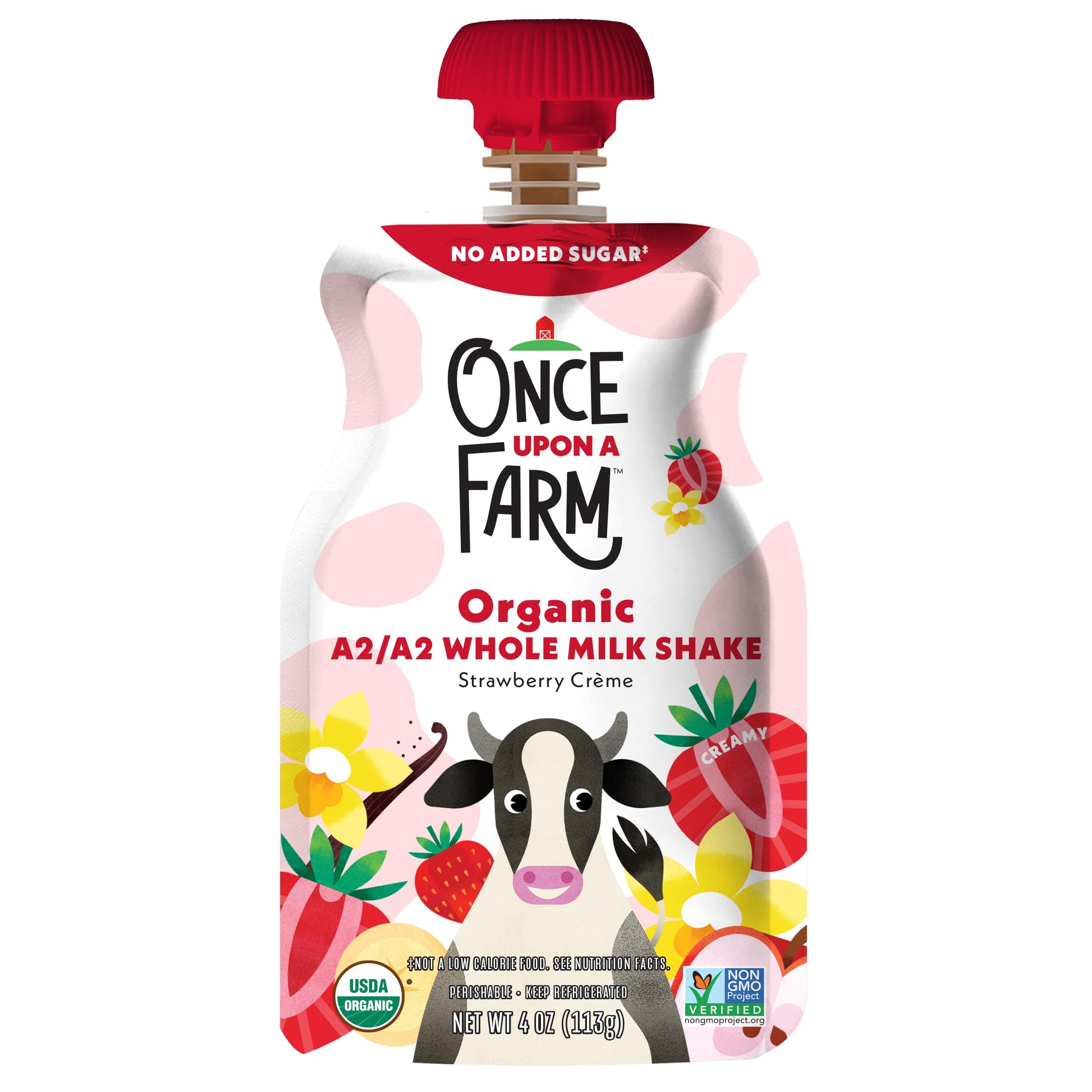 Once Upon a Farm A2/A2 Whole Milk Shake, Strawberry Creme Kids Pouch, 4oz
