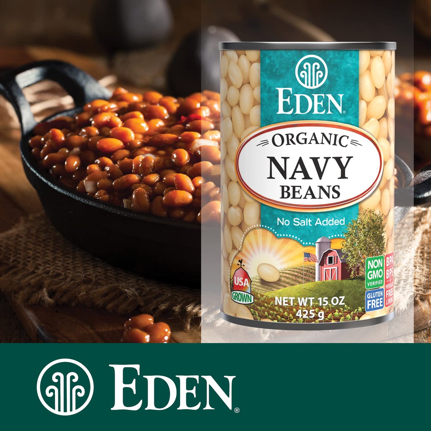 Eden Organic Navy Beans/White Beans, 15 oz Can (12-Pack), No Salt, Non-GMO, Gluten Free, Vegan, Kosher, U.S. Grown, Heat and Ser