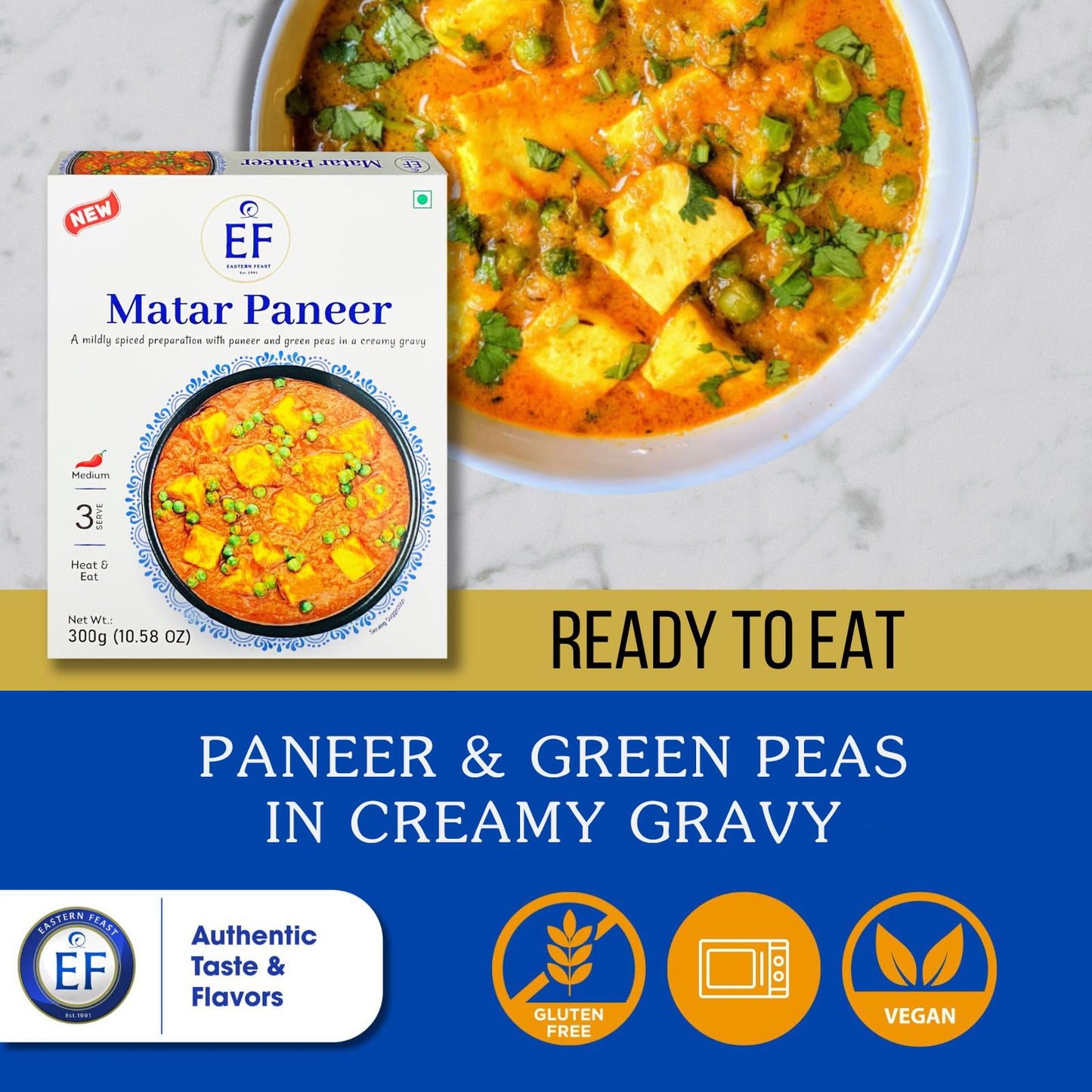Eastern Feast - Matar Paneer, Ready To Eat Vegetarian Meals, (Pack Of 4), Gluten Free