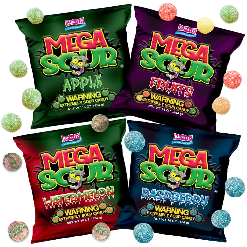 Barnetts Mega Sour Candy 4 Pack - Handmade British Sweets - Raspberry, Apple, Watermelon & Fruits - Party or Gift Treat (454g x 