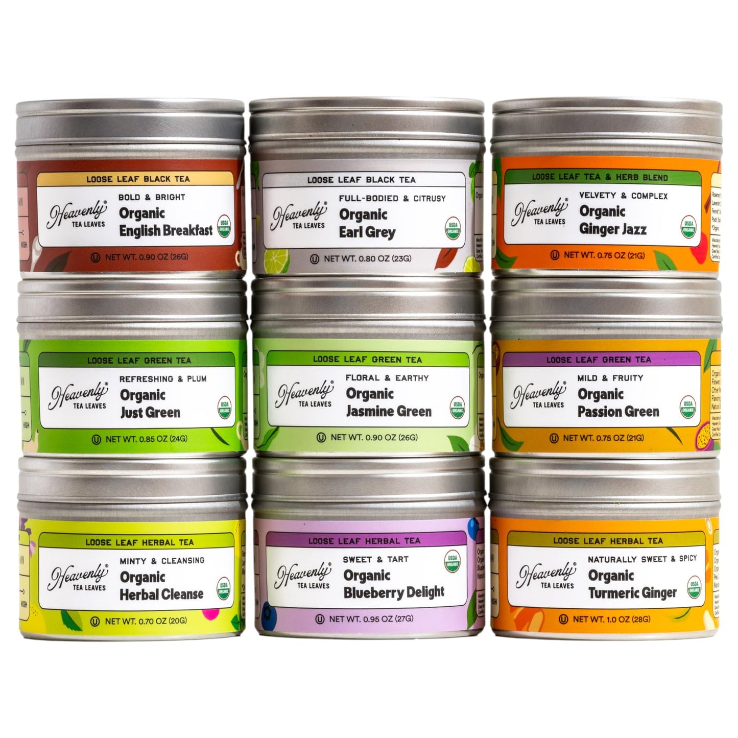 Heavenly Tea Leaves Organic Tea Sampler Set - 9 Assorted Teas (Black, Green, Herbal) - 90 Servings, Naturally Caffeinated & Caffeine Free