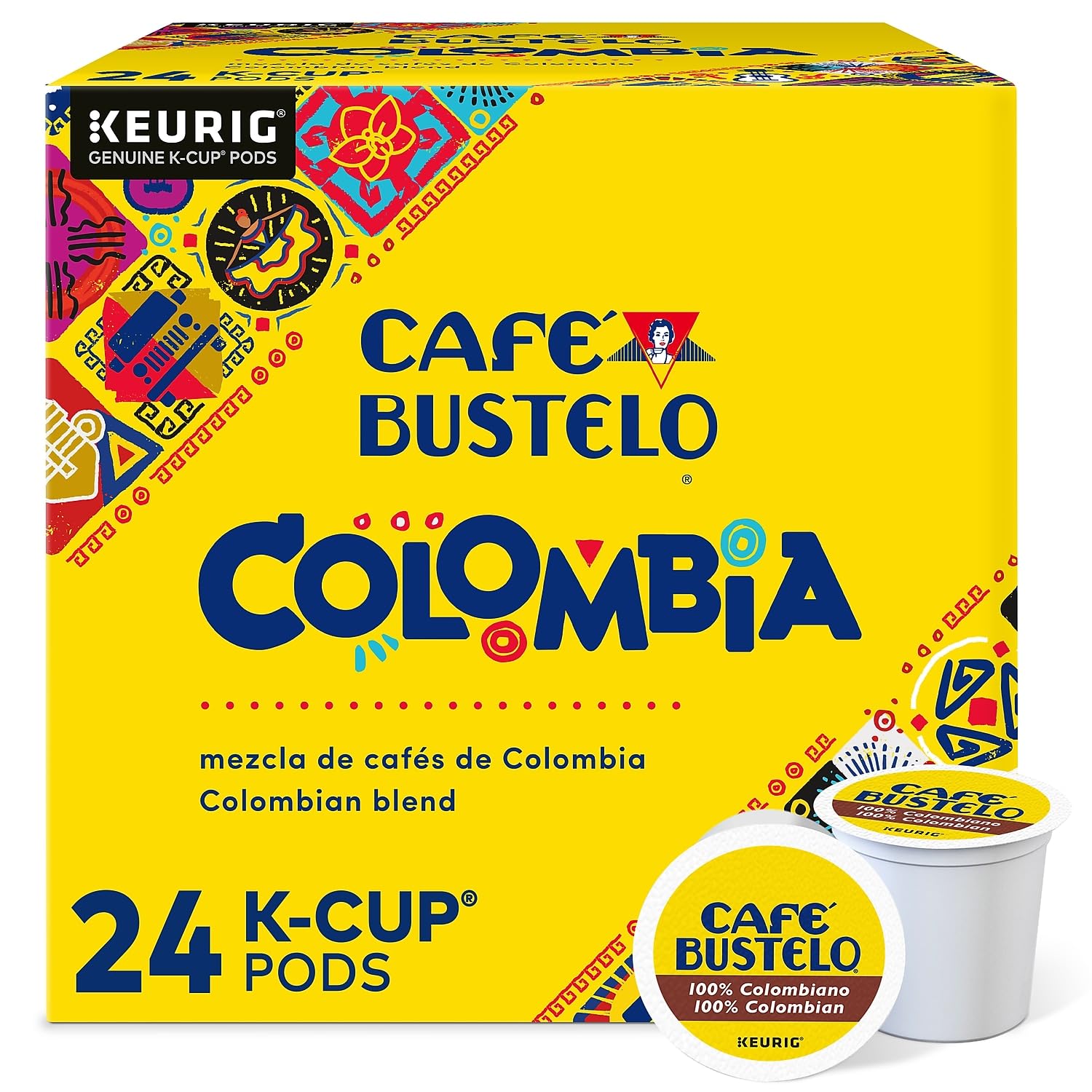Cafe Bustelo 100% Colombian Coffee K-Cup Pods, Medium Roast, 24 Count, Coffee Color