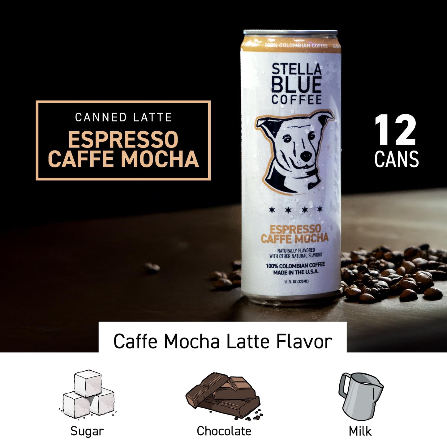 Stella Blue Espresso Caffe Mocha  100% Colombian Coffee  190mg Natural Caffeine  Good Source of Protein  Ready-to-Drink Coffee Energy Beverage  11oz Can  12 Pack