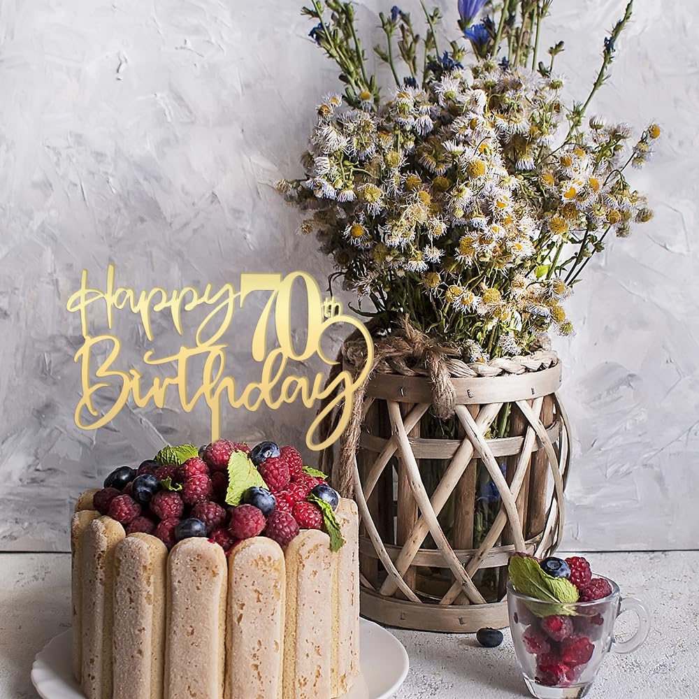 Happy 70Th Birthday Cake Topper,Mirrored Gold Acrylic Durable Cake Topper,70Th Birthday Party Cake Decorations,Hello 70Th Years