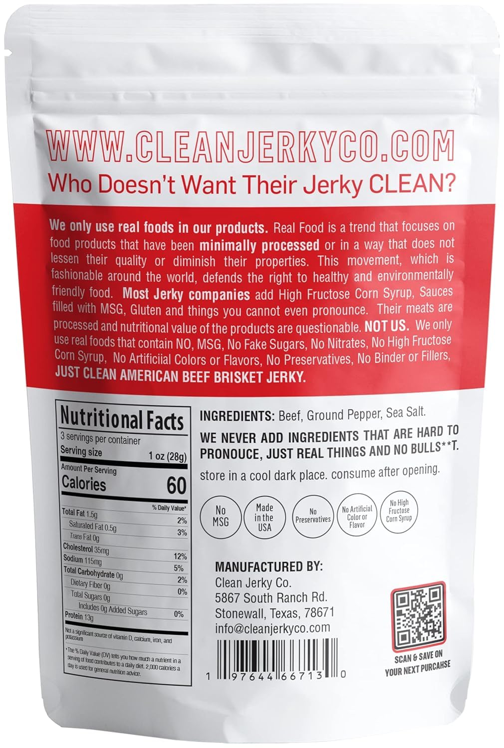 Clean Jerky Co. Old Fashioned Dry Zero Sugar Beef Jerky, Salt & Pepper Flavor, 3 Ounce Protein Snack, No MSG, No Sugar, No Nitrates