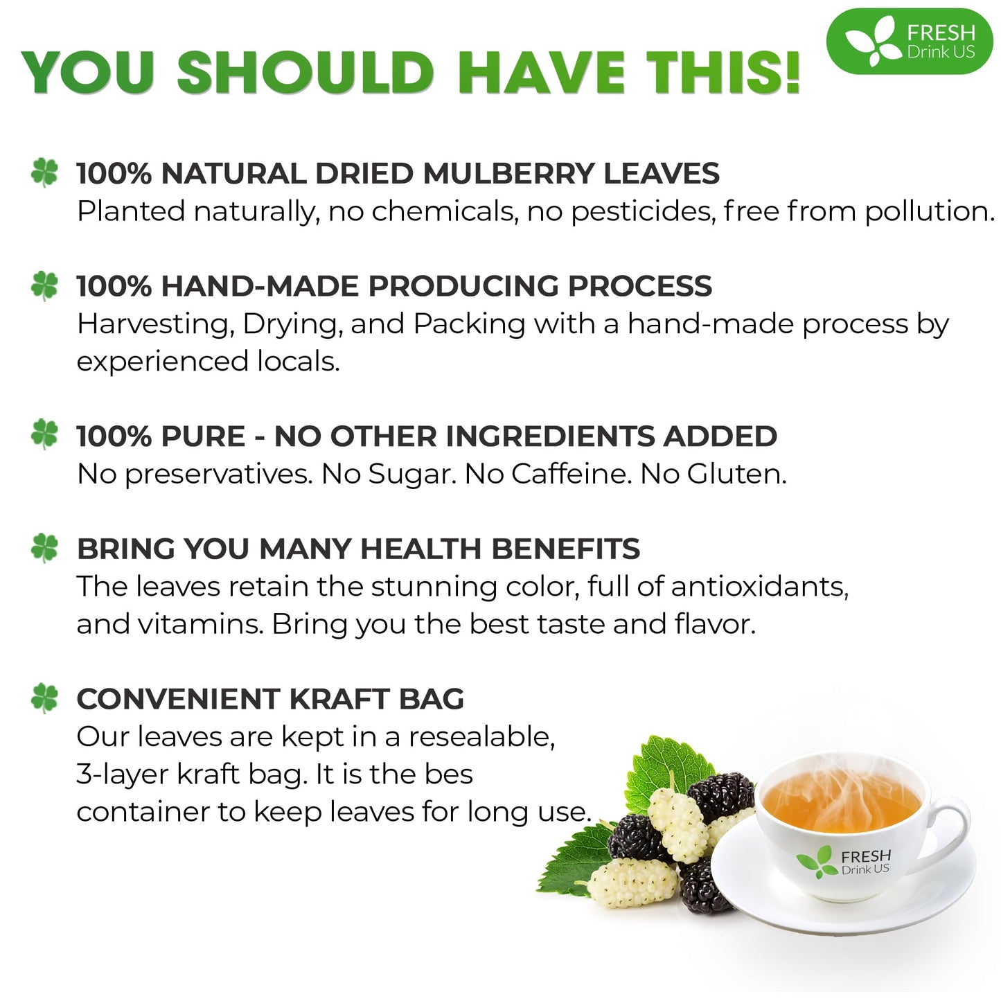 Freshdrinkus, Permium 16Oz Mulberry Leaves, 100% Natural & Pure From Mulberry Leaves, Loose Leaf Herbal Tea, No Additives, No Caffeine, Vegan