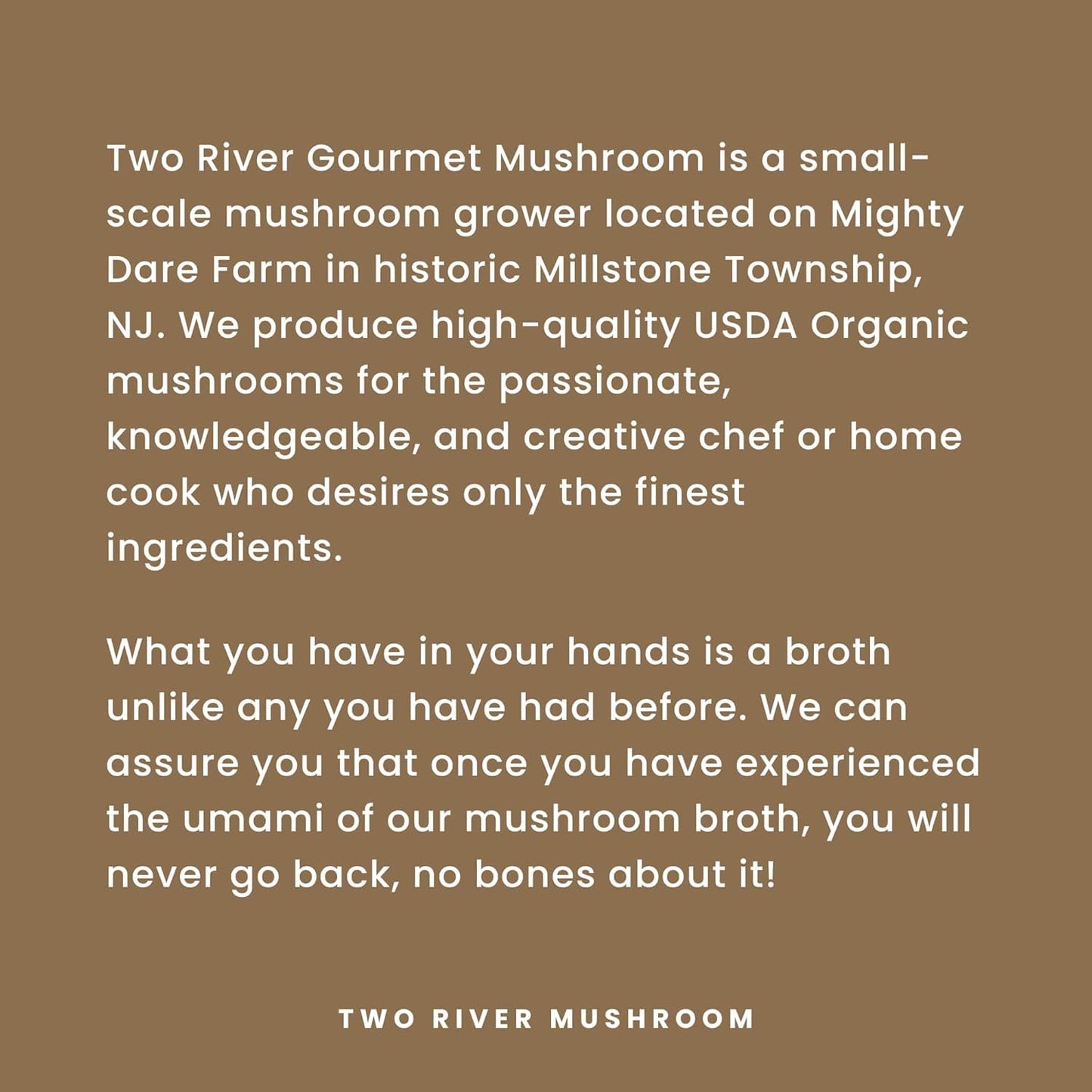 Two River Lions Mane Mushroom Broth made with organic Lions Mane and Shiitake Mushrooms, vegan plus adaptogens, perfect for si