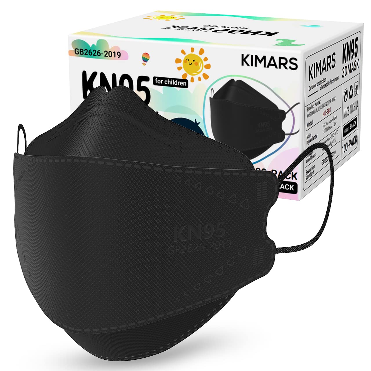 Kimars Kids Kn95 Face Masks For Children 100 Pack, Breathable Comfortable And Disposable Kn95 Mask, Black