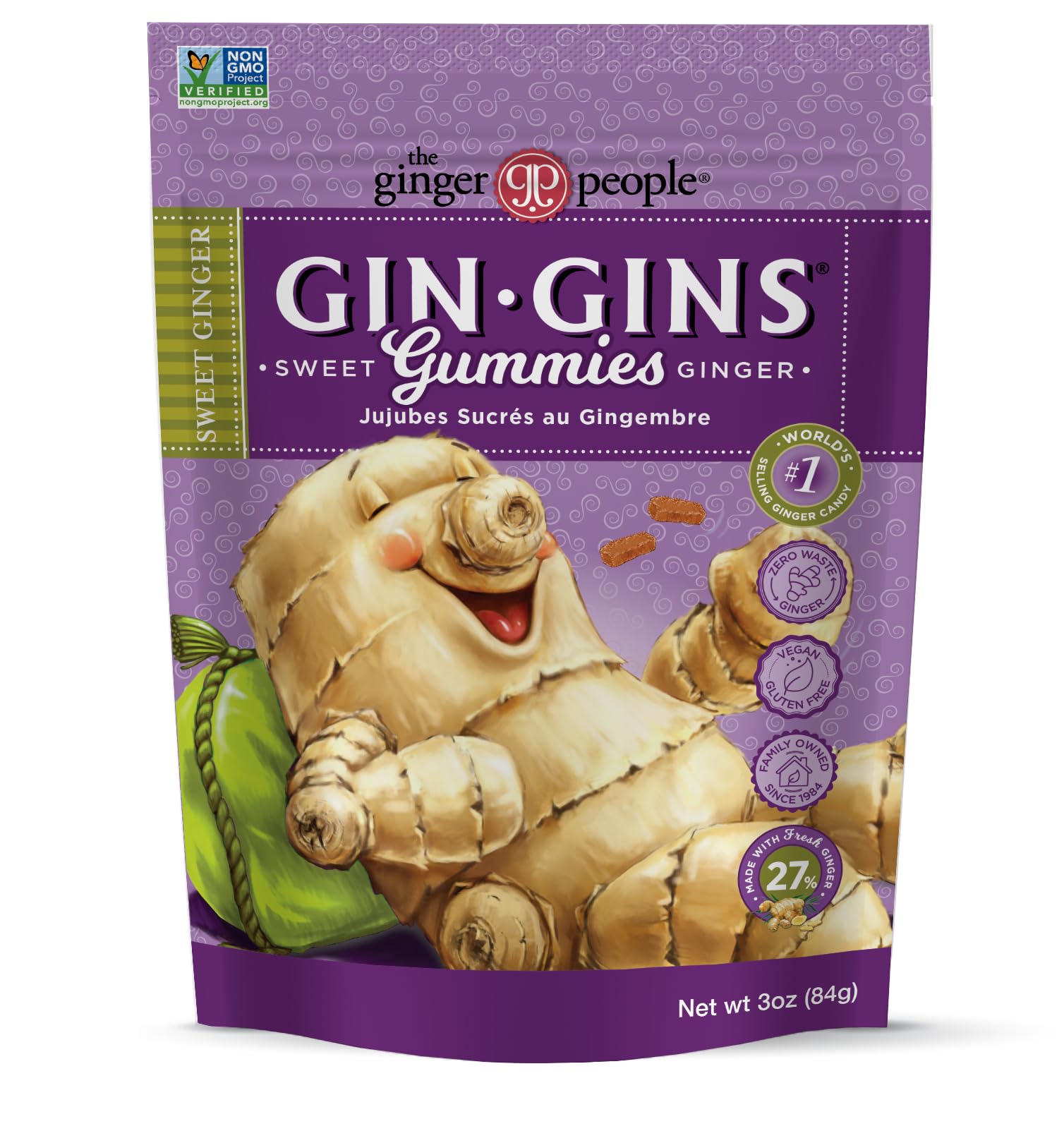 The Ginger People GIN GINS Sweet Ginger Gummies – 100% Natural Candy – 3oz Bag – Pack of 1