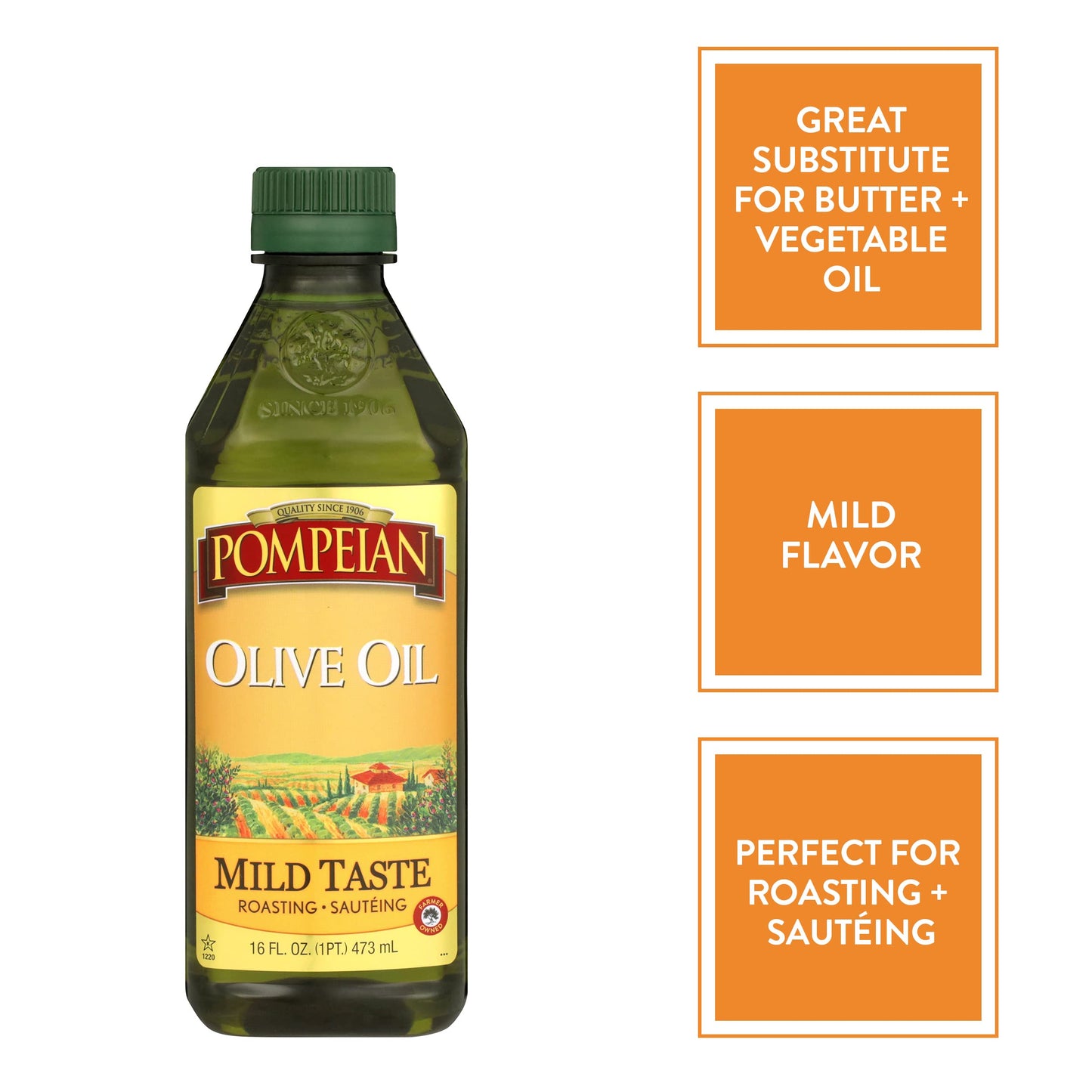 Pompeian Mild Taste Olive Oil, Perfect For Roasting & Sauteing, Naturally Gluten Free, Non-Allergenic, Non-Gmo, 16 Fl. Oz.