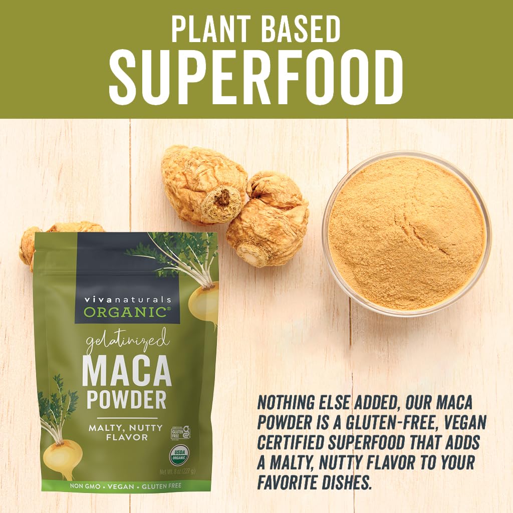 Viva Naturals Organic Maca Powder, Gelatinized, Vegan, Gluten-Free, 8 oz Resealable Bag