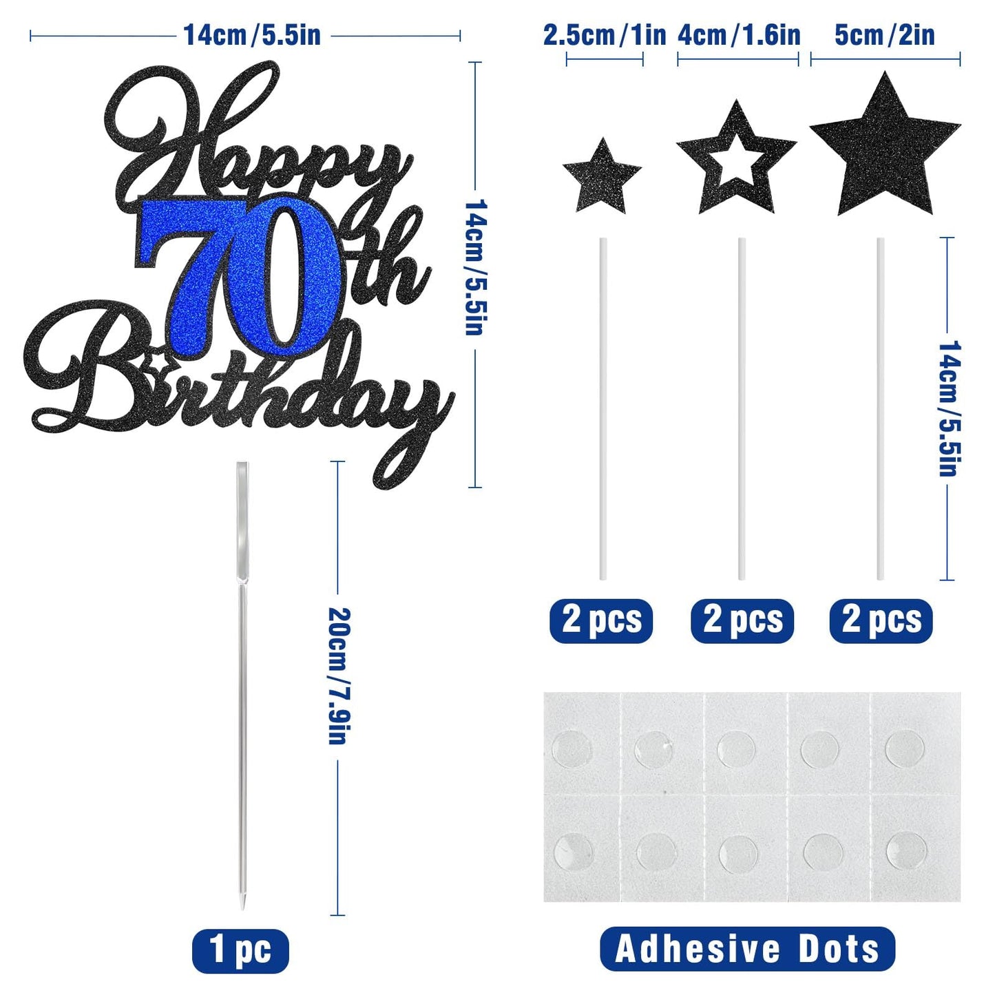Happy 70Th Birthday Cake Toppers, Black Blue Glitter Cake Decorations Set, 70Th Birthday Decor, Birthday Anniversary Party Decor