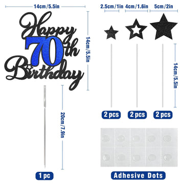 Happy 70Th Birthday Cake Toppers, Black Blue Glitter Cake Decorations Set, 70Th Birthday Decor, Birthday Anniversary Party Decor
