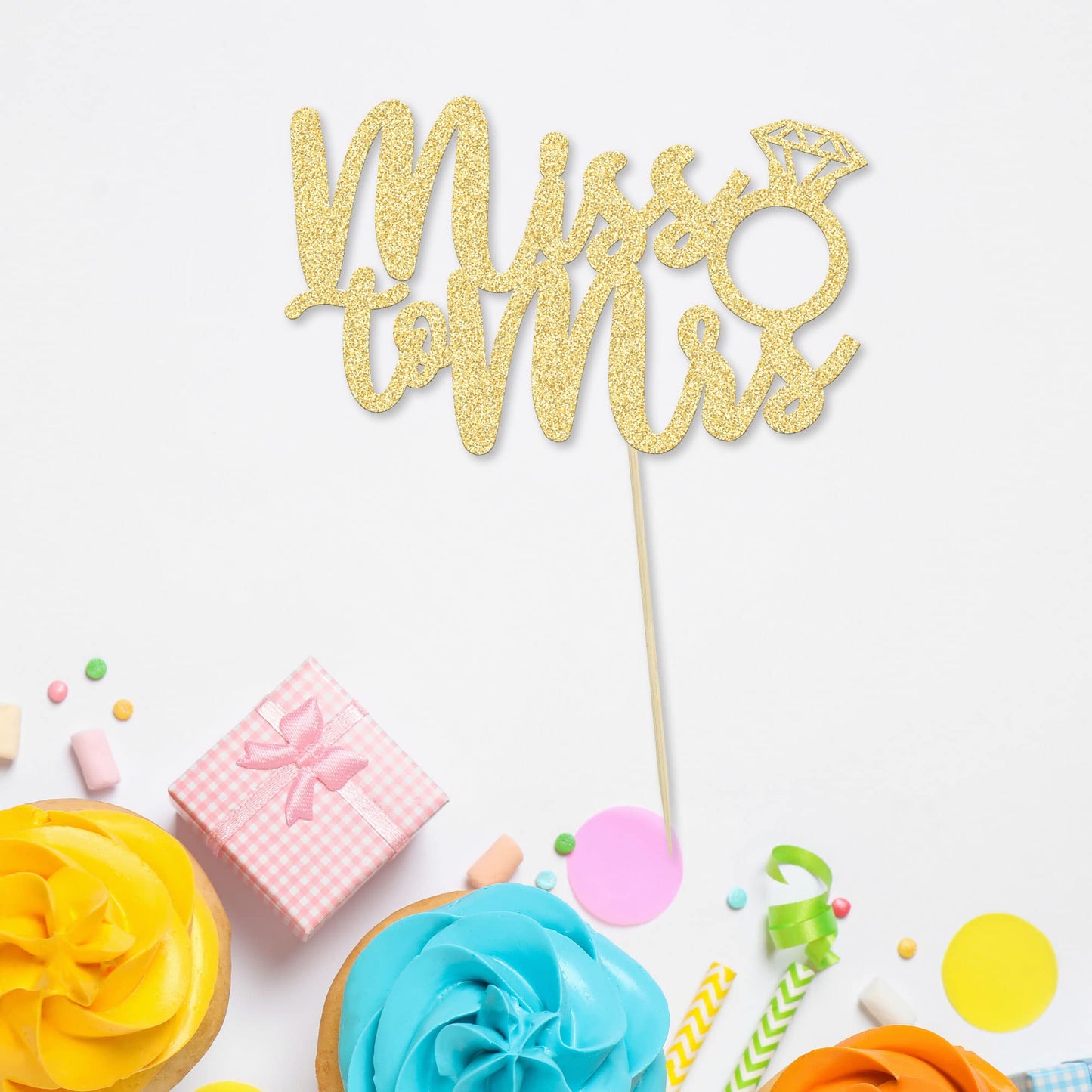1Pc Miss To Mrs Cake Topper Gold Glitter Wedding Bridal Shower With Ring Cake Decorations For Bridal Shower Wedding Engagement B